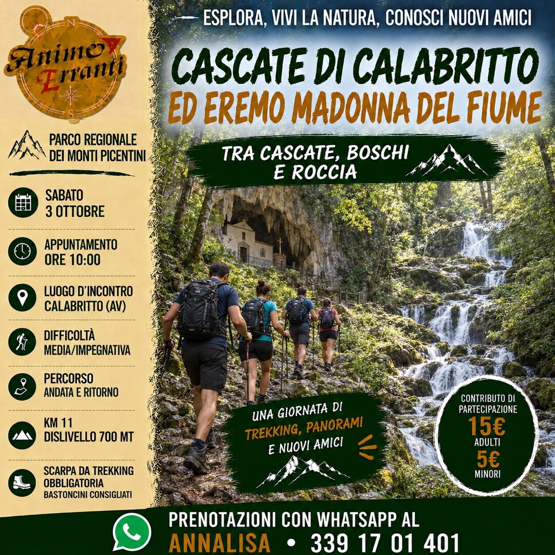 Locandina del trekking alle Cascate di Calabritto e all’Eremo Madonna del Fiume con Anime Erranti