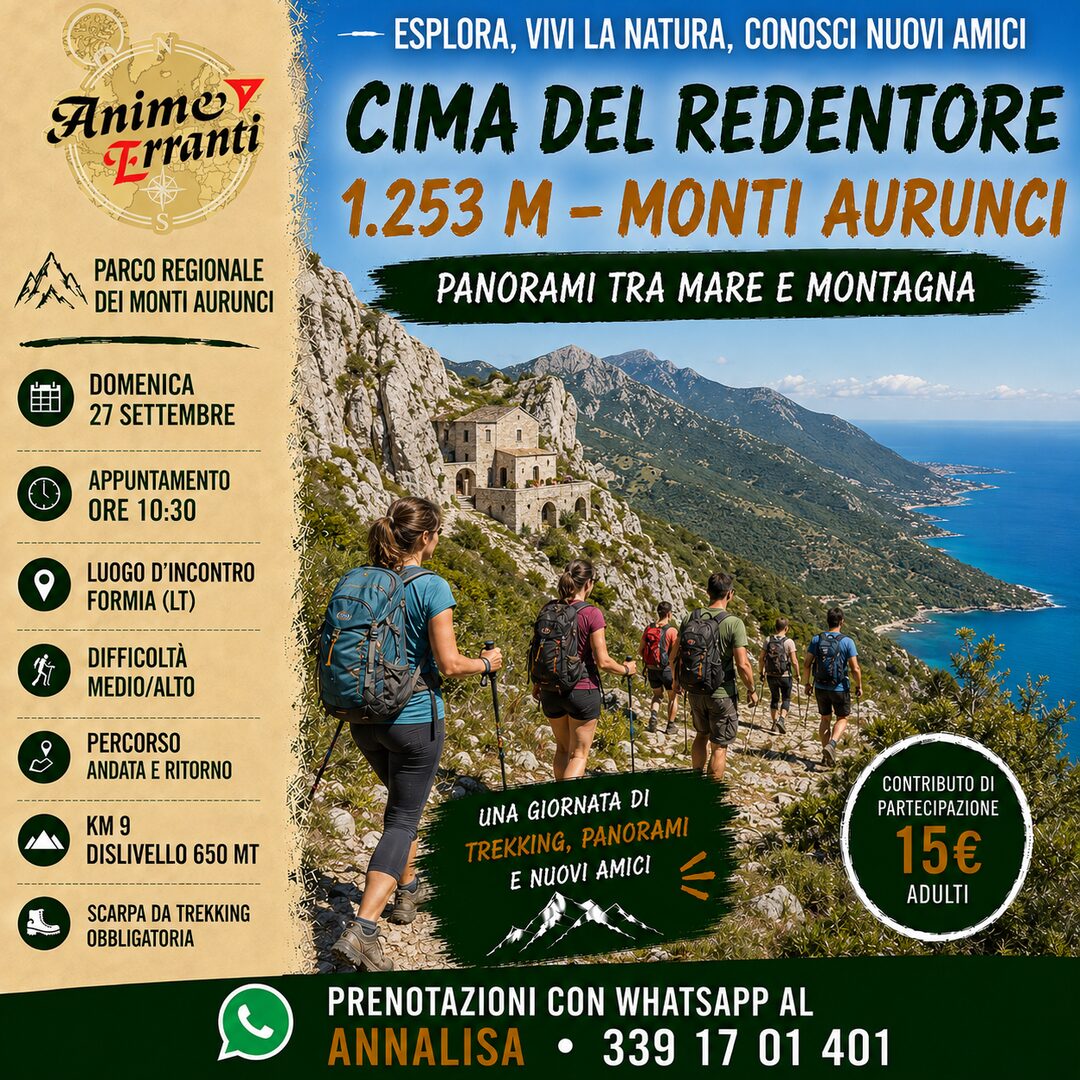 Locandina del trekking alla Cima del Redentore e all’Eremo di San Michele a Formia con Anime Erranti